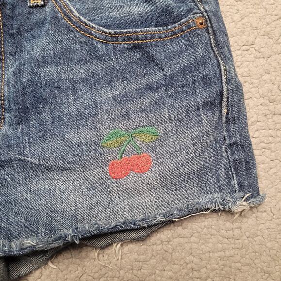 Levis 501 Shorts Womens 27 Blue Denim Cutoff Raw Hem Cherry Embroidered Boho - Picture 2 of 8